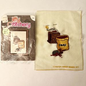 Vintage 1970's Jiffy Stitchery Coffee Needlepoint Kit Wool Yarn 5 x 7" Completed
